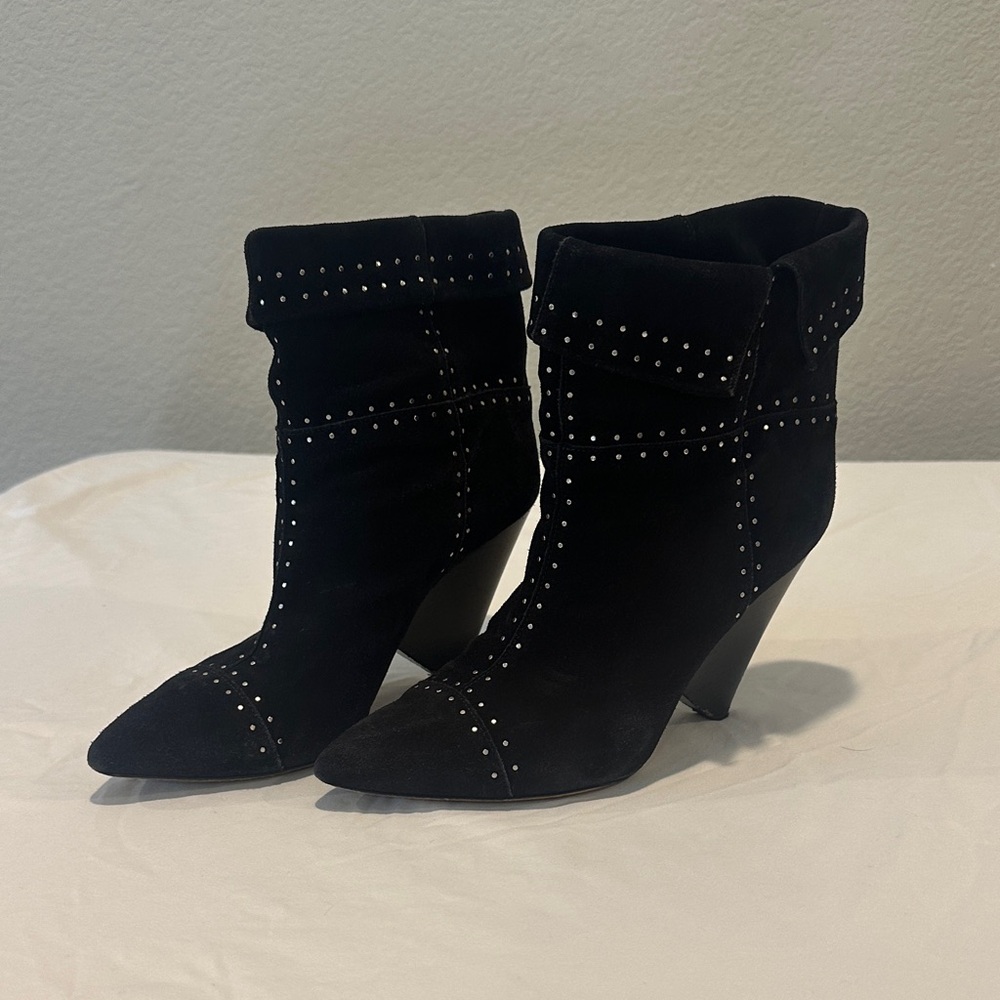 Isabel Marant Black Suede Studded Fold-Over Ankle Boots
